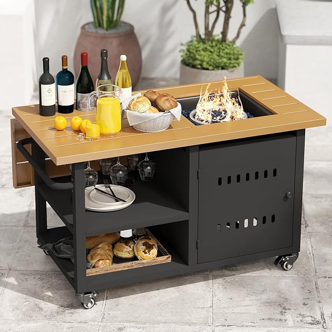 Outdoor Propane Fire Pit Table 44" with Lid & Wheels, Multifunctional Patio Fire Table with Storage Shelf, Steel Gas Firepit Dining Table for Backyard, Garden, Deck, Black