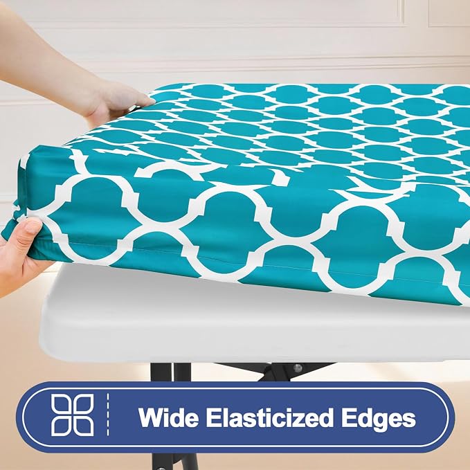 Smiry 2 Pack Rectangle Table Cloth 4 Foot, Waterproof Elastic Fitted Tablecloths, Windproof Washable Polyester Table Cover for Picnic, Camping, Outdoor (Teal, 30"x48")