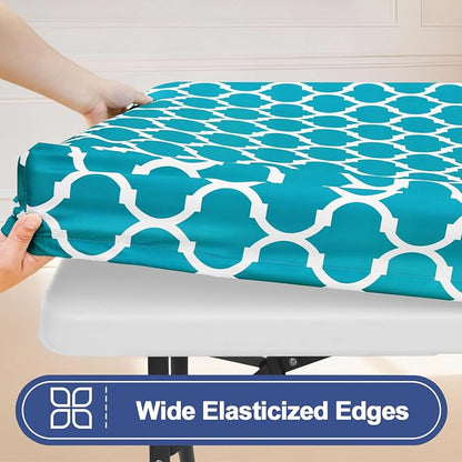 Smiry 2 Pack Rectangle Table Cloth 8 Foot, Waterproof Elastic Fitted Tablecloths, Windproof Washable Polyester Table Cover for Picnic, Camping, Outdoor (Teal, 30"x96")