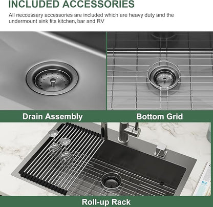 33x22 Drop In Kitchen Sink Black 16 Gauge Stainless Steel Single Bowl Drop Kitchen Sinks Nano PVD Gunmetal Black Handmade Large Deep Topmount Sinks, 33x22x9 Inch