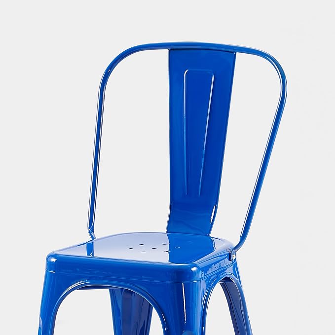 AC Pacific 18 Inch Seat Height Industrial Metal Dining Chairs, Stackable Kitchen or Bar Seat, Durable Modern Design, Versatile Accent Furniture, Set of 4, Blue
