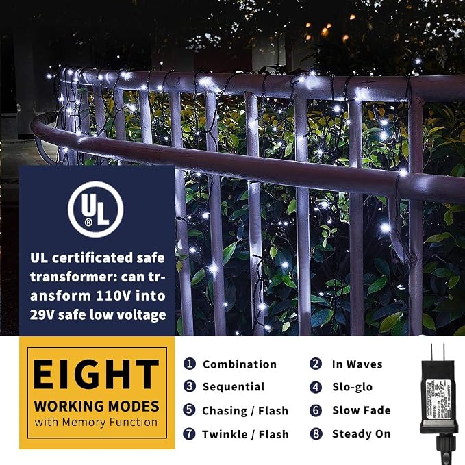 105ft 300 LED Christmas String Lights, End-to-End Plug 8 Modes | UL Certified - Outdoor Indoor Fairy Lights for Christmas Tree, Patio, Garden, Party, Wedding, Holiday (Cool White)