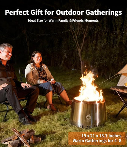 21 Inch Smokeless Fire Pit, for Outdoor Patio & Backyard, Dual Airflow Secondary Combustion, Stainless Steel Firepit with Detachable Ash Pan, Clean Burn, Portable for Camping & Gatherings