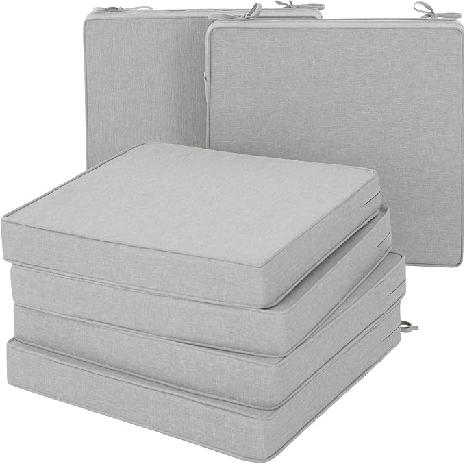 Outdoor Chair Cushions, Set of 6, 24 x 24 Inch, Light Grey | Water Resistant, Fade Resistant, Patio Furniture Square Seat Replacement, Removable Cover with Ties, Non-Slip Bottom