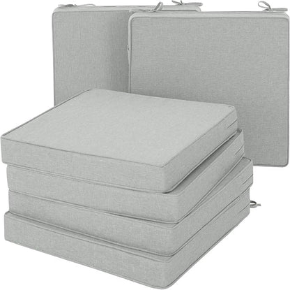 Outdoor Chair Cushions, Set of 6, 24 x 24 Inch, Light Grey | Water Resistant, Fade Resistant, Patio Furniture Square Seat Replacement, Removable Cover with Ties, Non-Slip Bottom