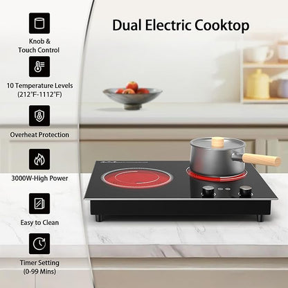 GIHETKUT Electric Cooktop,1110V 2100W 2 Burner stove,Built-in & Countertop Stove Top with10 Heating Level, Timer & Kid Safety Lock, LED Knob Touch Control 2 Burner Electric Cooktop
