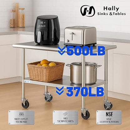 Hally Stainless Steel Table for Prep & Work 30 x 48 Inches with Caster Wheels, NSF Commercial Heavy Duty Table with Undershelf and Galvanized Legs for Restaurant, Home and Hotel