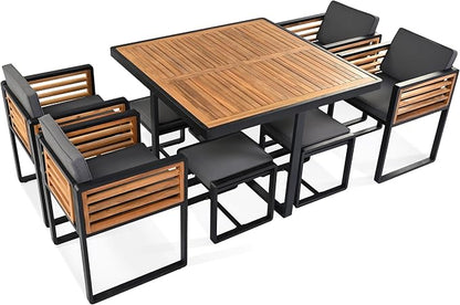 Merax 9-Piece Patio Dining Set for 8 People, Acacia Wood Outdoor Furniture Sets with 1 Square Table, 4 Cushioned Chairs and 4 Ottomans for Backyard, Garden, Lawn, Poolside, Space Saving Design, Gray
