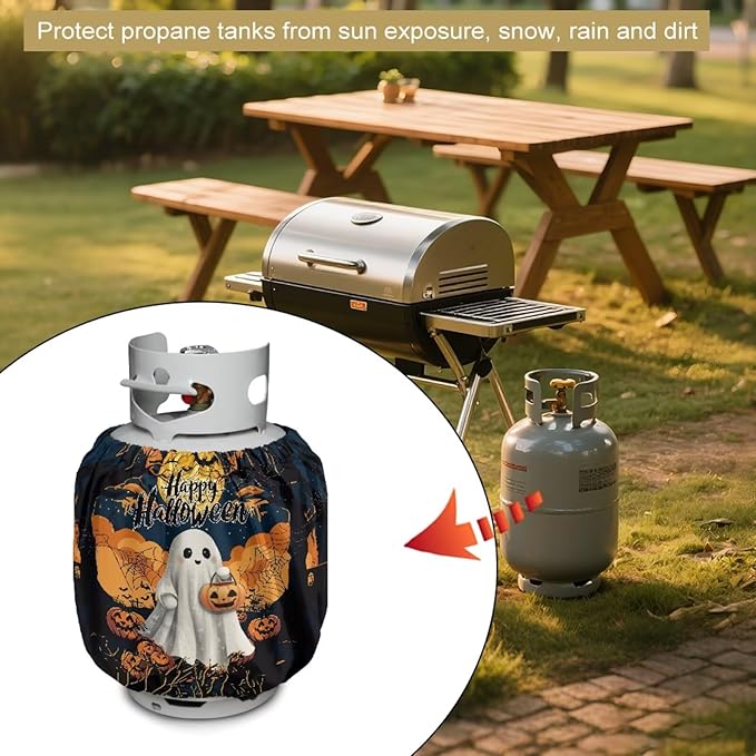 Ghost Propane Tank Cover 20lb Halloween Gas Tank Cylinder Cover for Outdoor Camping Yard Party Easy to Install Grill Accessories Gift for Holiday