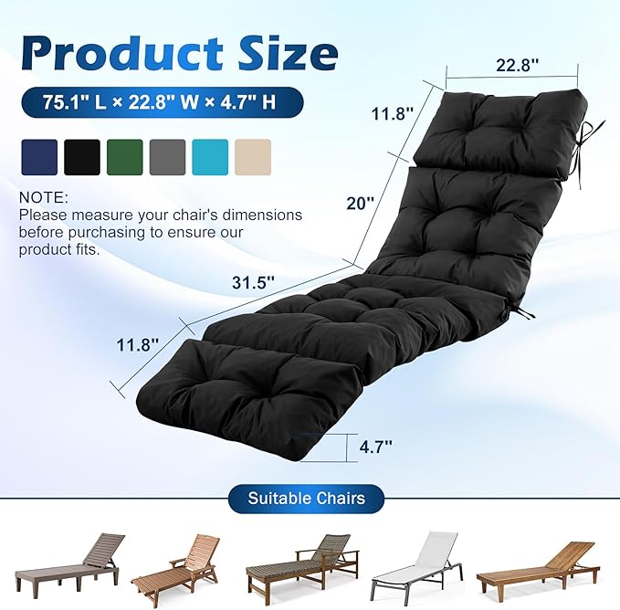 Chaise Lounge Cushions Outdoor, Waterproof & Fade Resistant Patio Lounge Chair Cushions for Outdoor Furniture, Chaise Cushion with Ties for Patio, Pool, Lawn and Beach, 75.1x22.8x4.7 Inch, Black