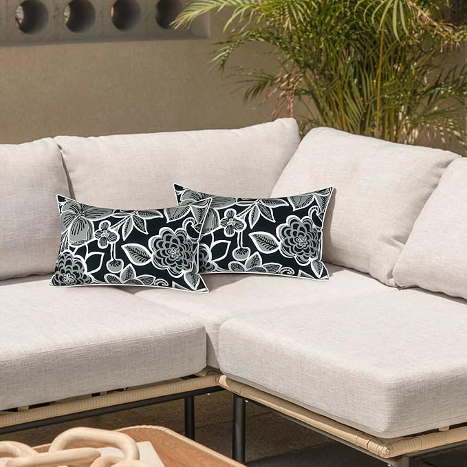 LVTXIII 2 Pack Outdoor Lumbar Pillow Covers 12x20 Inch with Piping, Water-Repellent Back Cushion Covers ONLY for Patio Furniture, Sofa, Garden Bench, Flower Black