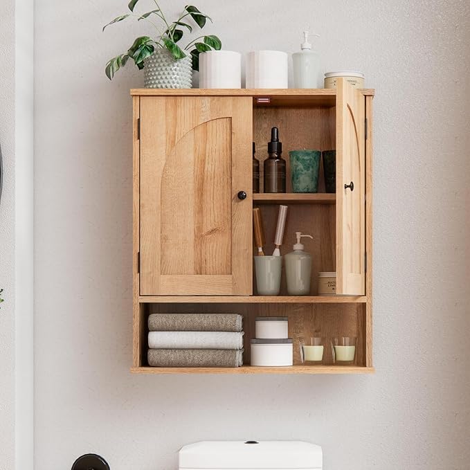 Medicine Cabinet, Over The Toilet Storage Cabinet, Bathroom Wall Storage Cabinet with Arched Doors & Adjustable Shelves, Wall Mounted Bathroom Cabinet for Kitchen, Laundry Room, Living Room,Natural