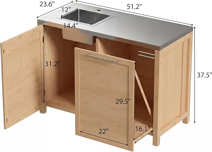 MOUMON Patio Kitchen Sink Cabinet with Stainless Steel Countertop, Solid Cedar Patio Prep Table with Trash Bin Storage, Outdoor Cooking Station, Sink not Included, Oak 51.2”W x 23.6”D x 37.4”H