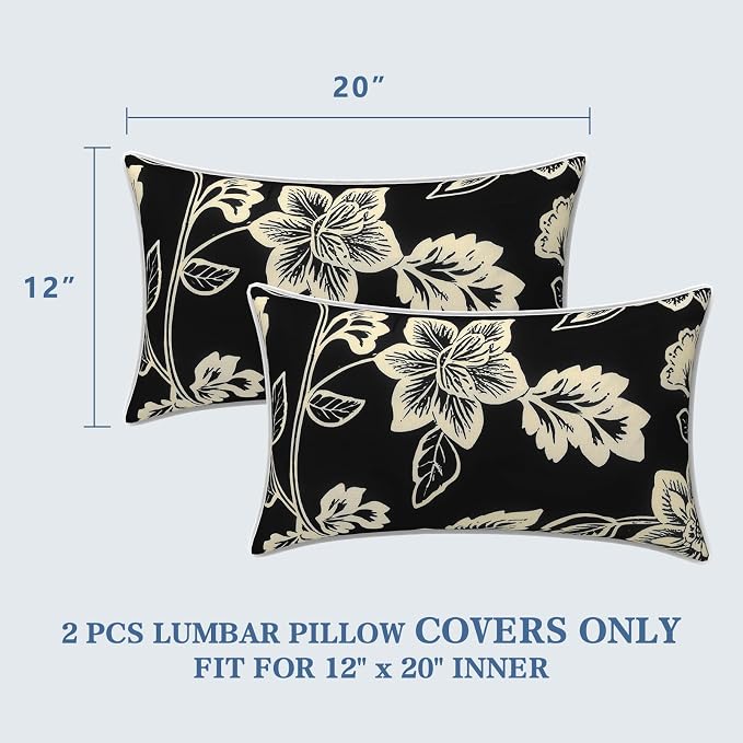 LVTXIII 2 Pack Outdoor Lumbar Pillow Covers 12x20 Inch with Piping, Water-Repellent Back Cushion Covers ONLY for Patio Furniture, Sofa, Garden Bench, Elegant Vines Black