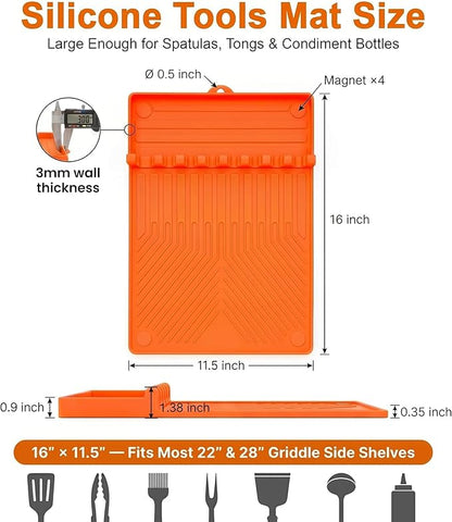 Magnetic Silicone Side Shelf Mat for Blackstone Griddle - 4 Corner Magnets, Extra Thick, Linear Drip Channels, 446°F Heat Resistant, 16"x11.5", Fits Weber Traeger Pit Boss, BBQ Gift for Men