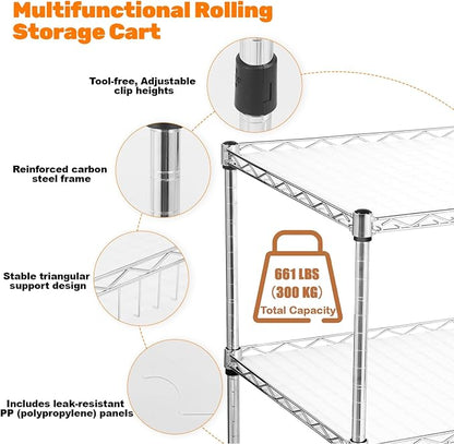 3-Tier Rolling Cart, Utility Metal Wire Cart, 30" D x 18" W x 35" H | 4'' Locking Wheels, Adjustable Shelves, 661 LBS Capacity, Complying with NSF, Heavy Duty, For Home Kitchen Garage Office