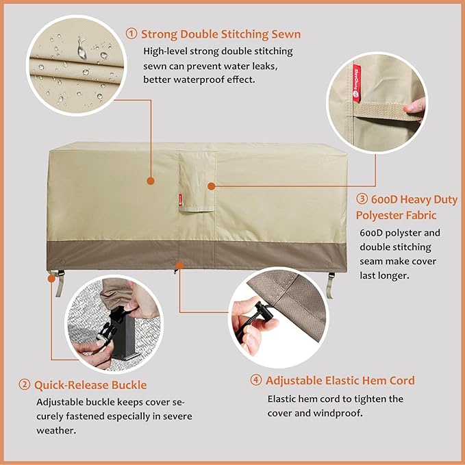 SheeChung Fire Pit Cover Rectangular 58"L x 28"W x 24"H,Waterproof 600D Heavy Duty Outdoor Fire Table Covers,56",57",58" Rectangular Cover Fits Propane Gas Fire Pit,Deck Box,Beige