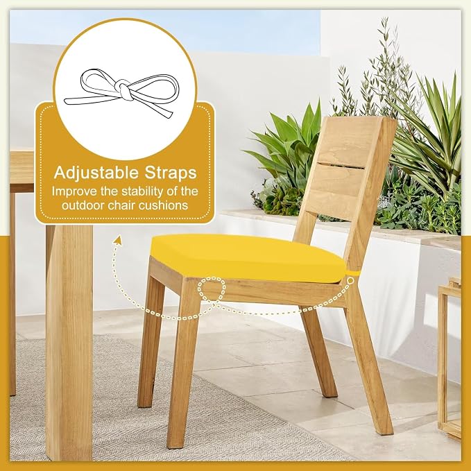 Cozyide Outdoor Chair Cushions, Waterproof Patio Seat Cushions with Adjustable Straps, Round Corner Patio Chair Cushions for Garden, Yellow, 17x16x2 Inch (Pack of 2)