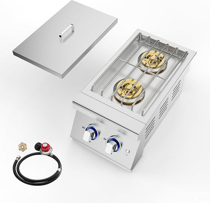 Built-In Dual Side Burner for Outdoor Kitchen, 2x17000 BTU Propane Cooktop, Natural Gas Convertible, 304 Stainless Steel Grill Island Stove, LED Knobs, Removable Lid, Drip Tray, Ignition