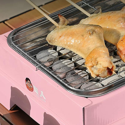 Portable Charcoal Grill, Compact Detachable Stainless Steel BBQ Smoker, Single Use Barbecue Grill for Outdoor Camping, Easy to Carry and Clean (Pink (containing 30 Charcoal))