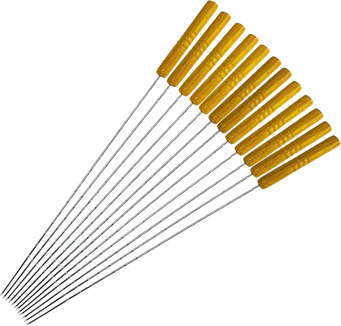 12 Metal Skewers with Wooden Handles, 16 inch BBQ Kabob