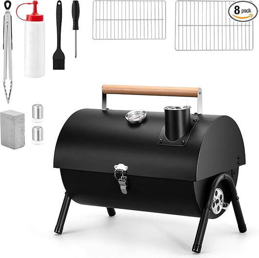 Portable Charcoal Grill with 6 BBQ Tools, HaSteeL Compact Tabletop Barbecue Grill with Thermometer, Small Smoker for Outdoor Camping Backyard Beach BBQ, Thick Steel, Easy to Assemble