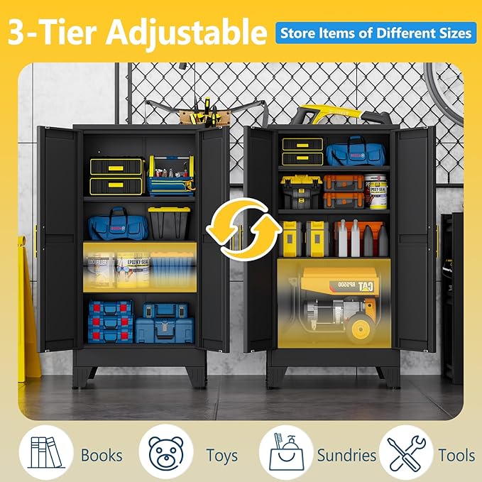 PAOFIN Metal Storage Cabinet with 2 Doors and 3 Adjustable Shelves, Metal Garage Storage Cabinets, File Cabinet,Steel Tool Cabinets for Home,Office,Garage,School,Warehouse(Black)