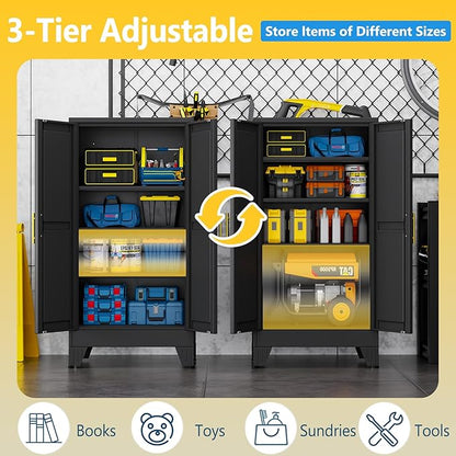 PAOFIN Metal Storage Cabinet with 2 Doors and 3 Adjustable Shelves, Metal Garage Storage Cabinets, File Cabinet,Steel Tool Cabinets for Home,Office,Garage,School,Warehouse(Black)