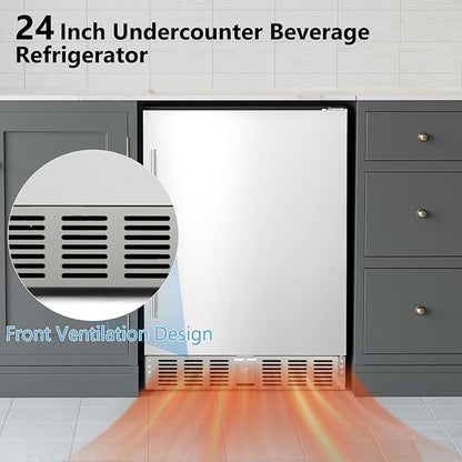Electactic 24.4 Inch Beverage Refrigerator, Under Counter Freestanding Beverage Cooler 180 Can, Outdoor Fridge with Stainless Steel Door, Outdoor Refrigerator for Patio, Home, Kitchen, Bar (Silver)