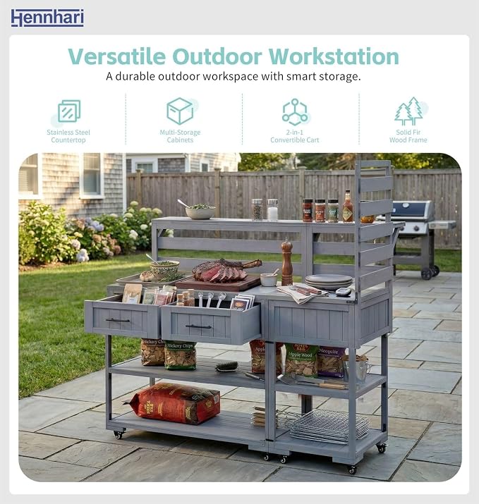 62.3'' Outdoor Kitchen Island with Stainless Steel Top and Raised Shelf, Potting Bench with Drawers and Wheels, Grill Prep Table for BBQ, Patio, Party (Grey Blue)