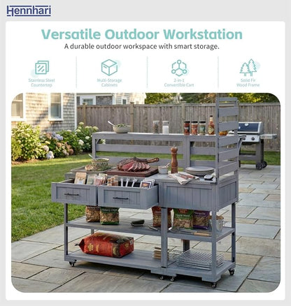 62.3'' Outdoor Kitchen Island with Stainless Steel Top and Raised Shelf, Potting Bench with Drawers and Wheels, Grill Prep Table for BBQ, Patio, Party (Grey Blue)