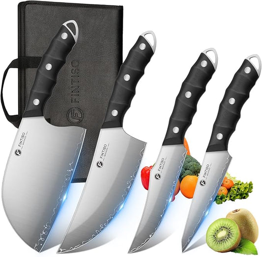 FINTISO Hand Forged Viking Knife Set, 4 PCS Kitchen Knives with Butcher Knife, Serbian Chef Knife & 2 Boning Knives, 5-Layer High Carbon Steel, Full Tang G10 Handle for Kitchen, BBQ & Camping