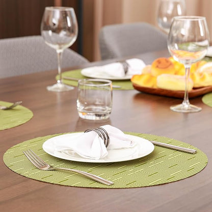 15 Inch Round Placemats Set of 4, Washable Vinyl Woven Place Mats | Heat Resistant Non-Slip Braided Table Mats for Dining Table Kitchen Indoor & Outdoor Use (Green, Set of 4)