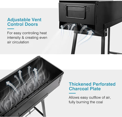IRONWALLS Portable Charcoal Grills Outdoor Cooking, Rectangular Folded Barbecue Grill 32”, Stainless Steel Lamb Skewer Grill with 25pcs Kebab Skewer & Storage Shelf for Camping, Picnic, Commercial Use