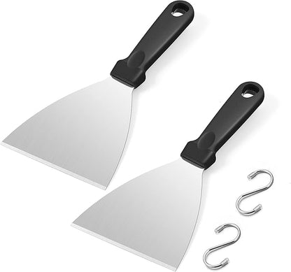 Metal Spatula Set of 2, HaSteeL 9.8 x 3.6In Stainless Steel Slant-edge Turner Flipper Scraper, Flat Top Griddle Teppanyaki Hibachi Tools for Barbecue Camping Cooking, Plastic Handle & Easy to Clean