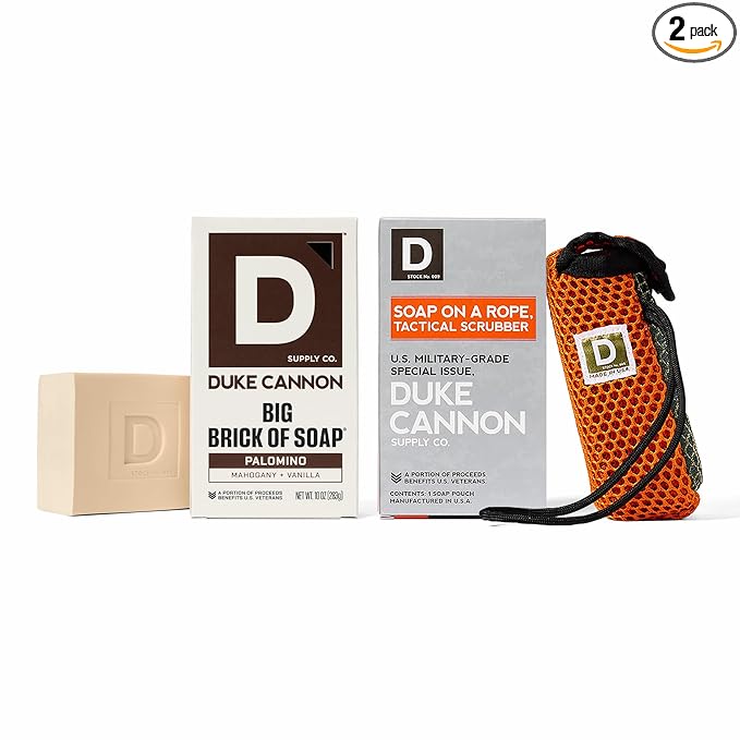 Duke Cannon Big Brick of Soap for Men 10 oz – Palomino Scent with Tactical Scrubber Pouch – Military Grade Mesh Soap Saver – Long-Lasting Masculine Bar Soap Gift Set