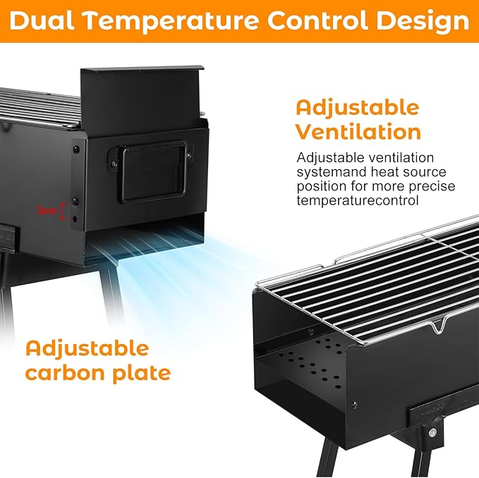 Charcoal Grill, Alloy Steel BBQ Barbecue Outdoor Grilling with Durable Support Frame and Dual Adjustable Vents for Tailgate Patio Beach Backyard(31.6x7.1x5.1 inch with Flat Grill Plate), Black