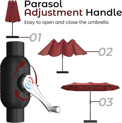 15ft Red Patio Umbrella with Base Included,Rectangle Double Extra Large Table Umbrella Outdoor Giant Umbrella for Porch Pool Lawn Deck,Market,Backyard Outside,Burgundy Red