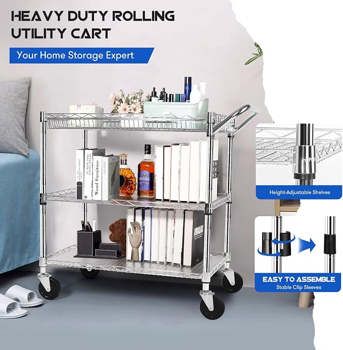 YNN Chrome Utility Rolling Cart,990Lbs 3 Tier Heavy Duty Metal Cart with Wheels & Handle NSF Wheeled Cart 31" D x 18" W x 33" H for Bedroom, Bathroom, Kitchen,Garden,Decor,Serving