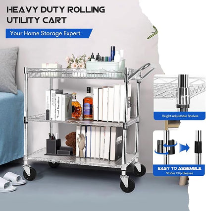 YNN Chrome Utility Rolling Cart,990Lbs 3 Tier Heavy Duty Metal Cart with Wheels & Handle NSF Wheeled Cart 31" D x 18" W x 33" H for Bedroom, Bathroom, Kitchen,Garden,Decor,Serving