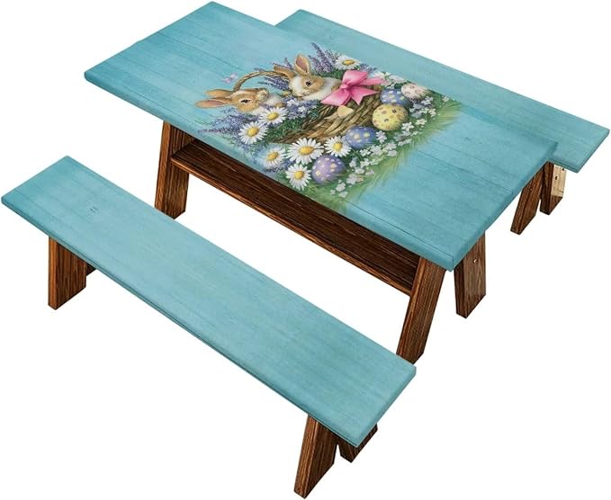 Easter Bunny Picnic Table Cover Elastic Fitted Table Cloth for Camping Party Easter Bunny Picnic Table Cover with Bench Covers 3 PCS for Outdoors