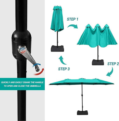 15ft Patio Umbrella with Base, 10-Year-No-Fade Large Outdoor Double-Sided Market Umbrella with UPF50+Terylene Polyester Fabric and Crank for Poolside Garden Deck Backyard Beach Pools