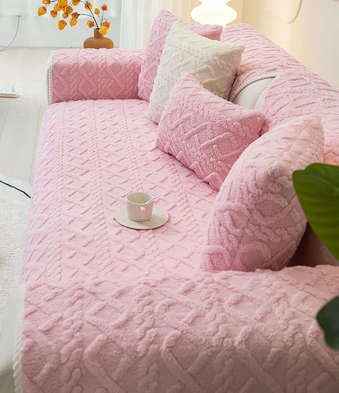vctops Geometric Jacquard Plush Sofa Couch Covers Farmhouse Neutral Non Slip Sectional Couch Cover Soft Warm Sofa Slipcover for Dogs, Children, Pets Furniture Protector (Pink,28"x47")