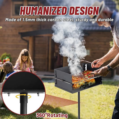 25"×17" Park-Style Charcoal Grill, Heavy Duty Steel Outdoor BBQ Park Grill with Stainless Steel Cooking Grate and Post for Backyard or Camping, Black
