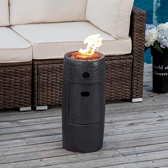 COSIEST Outdoor Propane Fire Pit Table w Compact Ledgestone 11-inch Round Graphite Base, Certified, 40,000 BTU, Free Lava Rocks, Touch-up Pen, Fits 20lb (Black)