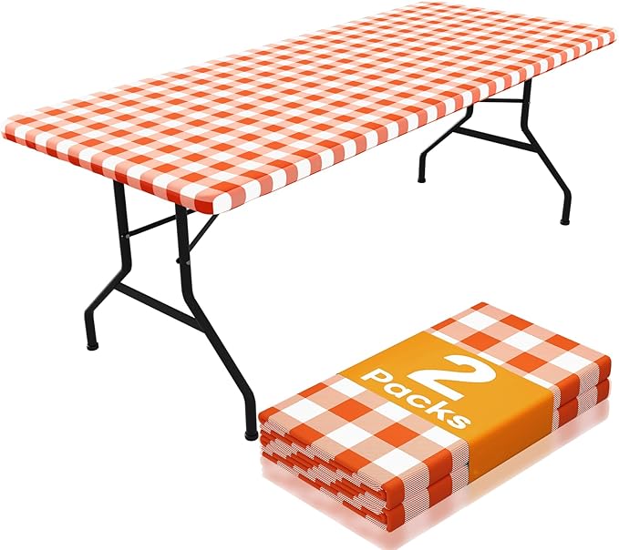 Smiry Picnic Table Cloth 2 Pack, Waterproof Elastic Fitted Tablecloths for 8FT Rectangle Tables, Washable Polyester Buffalo Plaid Tablecloth for Camping, Dining & Outdoor (Orange & White, 30" x 96")