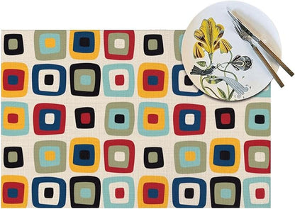 Mid Century Modern Retro Placemats Set of 4 Linen 12"x18" | Vintage Decorative Kitchen Table Mats for Dining Outdoor Holiday Party Farmhouse Home Decor Washable Place Mats