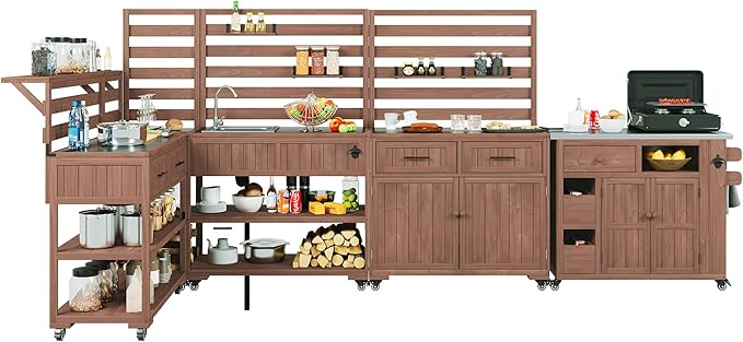 RUNNA 4-Piece Outdoor Rolling Kitchen Island with Sink w/Faucet, Solid Wood Grill Table with Storage Cabinets, Drawers, Stainless Table Top and Movable Shelves for Garden (Brown#38)