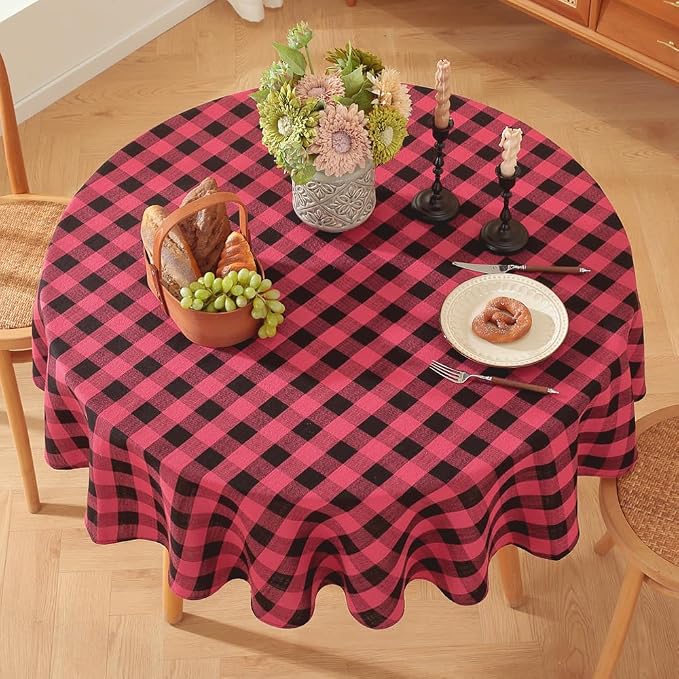 TruDelve Round Christmas Tablecloth 60 Inch Red and Black Checkered Cloth Tablecloths Circle Table Cloth (Red,60",Round)