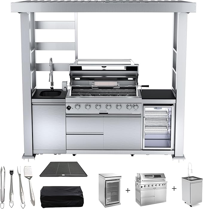 94 Inch Outdoor Kitchen Island, 85000 BTU 6 Burner Propane Gas Grill Combination With Rain Shelter Refrigerator and Sink, Outdoor Stainless Steel Barbecue Bar Grill for Patios, Gardens, Parties